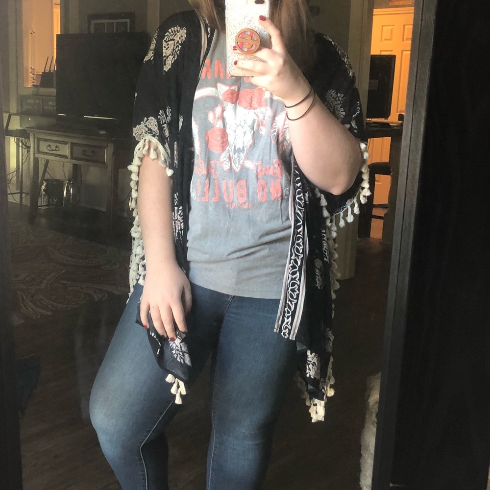 Navy Blue Patterned Kimono With Tassels